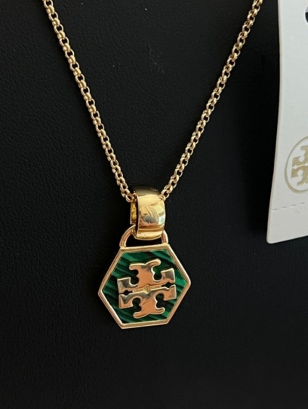 Tory Burch Gold Pendant Necklace with Green Enamel Hexagon
